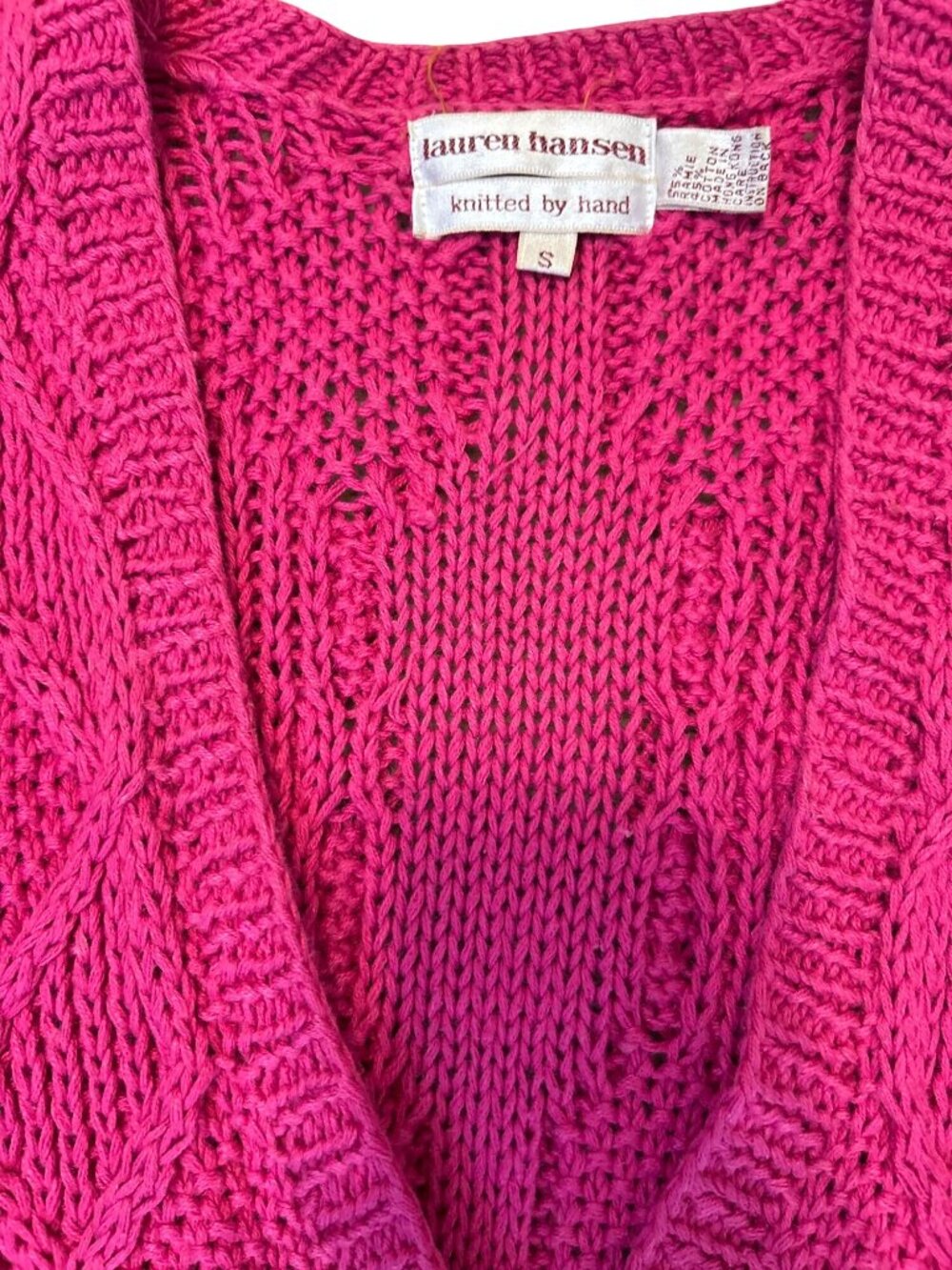 Vintage Lauren Hansen Size S Hand Knit Raspberry Pink Cable Knit Cardigan Cozy - Picture 8 of 16